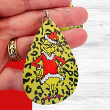 Load image into Gallery viewer, Grinch Lime Cheetah Full Body Print Faux Leather Teardrop Earrings
