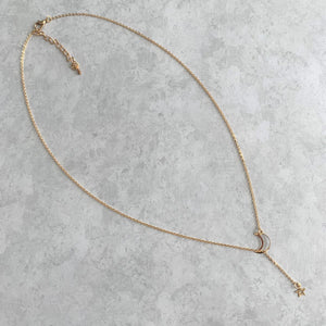 Celestial Half Moon & Star Delicate Y Lariat Necklace (Gold & Silver Options)