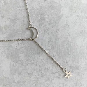Celestial Half Moon & Star Delicate Y Lariat Necklace (Gold & Silver Options)