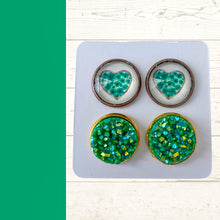 Load image into Gallery viewer, St Patty&#39;s Heart w/Clovers &amp; Green Druzy 12mm Earrings 2pk
