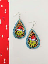 Load image into Gallery viewer, Grinch Cheetah &amp; Marble Print w/Hat Faux Leather Teardrop Earrings
