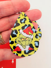 Load image into Gallery viewer, Grinch Lime Leopard Print Faux Leather Teardrop Earrings
