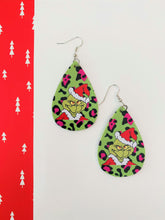 Load image into Gallery viewer, Grinch Face Green and Pink Cheetah Teardrop Earrings

