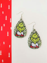 Load image into Gallery viewer, Grinch Army Green Cheetah Print Faux Leather Teardrop Earrings
