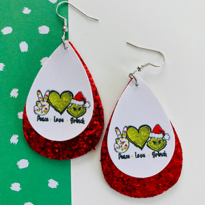 Grinch Peace Love Grinch Glittery Earrings (Green & Red options)