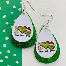 Load image into Gallery viewer, Grinch Peace Love Grinch Glittery Earrings (Green &amp; Red options)
