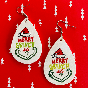 Grinch Merry Grichmas Teardrop Earrings (White & Black Option)