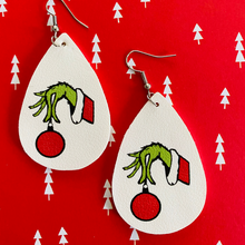 Load image into Gallery viewer, Grinch Hand w/Ornament Teardrop Earrings (Black &amp; White Options)
