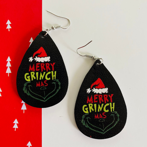 Grinch Merry Grichmas Teardrop Earrings (White & Black Option)