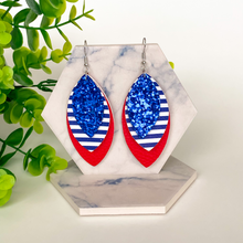 Load image into Gallery viewer, Patriotic Red, White and Blue Glitter Triple Layer Earrings
