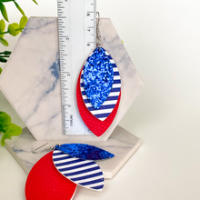 Load image into Gallery viewer, Patriotic Red, White and Blue Glitter Triple Layer Earrings
