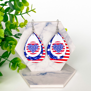 Patriotic Stars, Stipes & Heart Flag Triple Layer Faux Leather Earrings