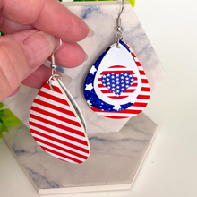 Load image into Gallery viewer, Patriotic Stars, Stipes &amp; Heart Flag Triple Layer Faux Leather Earrings
