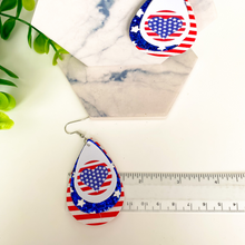 Load image into Gallery viewer, Patriotic Stars, Stipes &amp; Heart Flag Triple Layer Faux Leather Earrings
