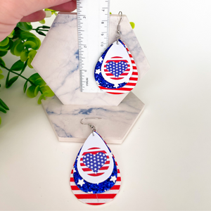 Patriotic Stars, Stipes & Heart Flag Triple Layer Faux Leather Earrings