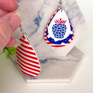 Patriotic Pineapple, Stars and Stripes Triple Layer Faux Leather Earrings