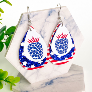 Patriotic Pineapple, Stars and Stripes Triple Layer Faux Leather Earrings