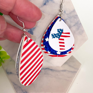 Patriotic Star Stripes & Flag Cross Triple Layer Faux Leather Earrings