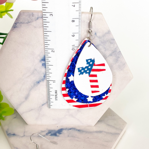 Patriotic Star Stripes & Flag Cross Triple Layer Faux Leather Earrings