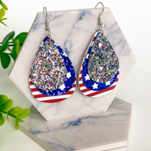 Load image into Gallery viewer, Patriotic Stars and Stipes &amp; Silver Glitter Triple Layer Faux Leather Earrings

