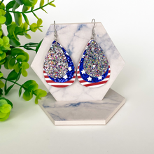 Load image into Gallery viewer, Patriotic Stars and Stipes &amp; Silver Glitter Triple Layer Faux Leather Earrings
