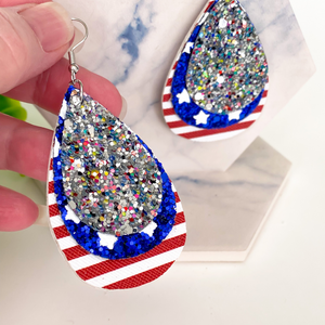 Patriotic Stars and Stipes & Silver Glitter Triple Layer Faux Leather Earrings