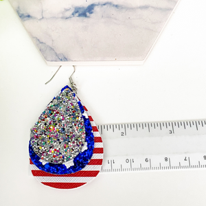 Patriotic Stars and Stipes & Silver Glitter Triple Layer Faux Leather Earrings