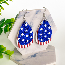 Load image into Gallery viewer, Patriotic Stars and Stripes Double Layer Faux Leather Glitter Earrings
