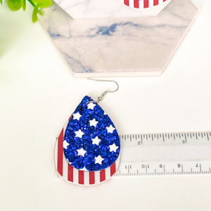 Patriotic Stars and Stripes Double Layer Faux Leather Glitter Earrings