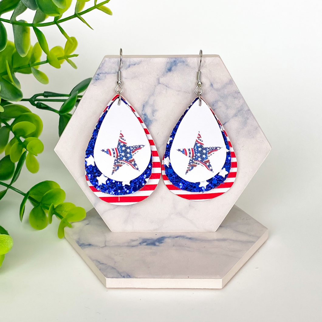 Patriotic Star & Stripes Triple Layer Faux Leather Earrings