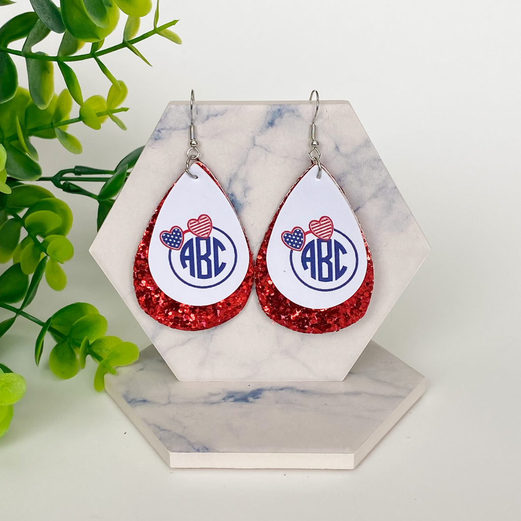 Patriotic Red Glitter Double Layer Faux Leather Earrings