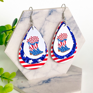 Patriotic Boots w/Star & Stripes Triple Layer Faux Leather Earrings