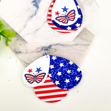 Load image into Gallery viewer, Patriotic Butterfly w/Star &amp; Stripes Triple Layer Faux Leather Earrings
