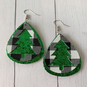 Hollow Christmas Tree Faux Leather and Green Glitter Earrings